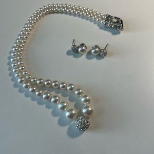 Swarovski Faux Pearl Necklace w Pave Ball and matching earrings - Wedding/Bridal